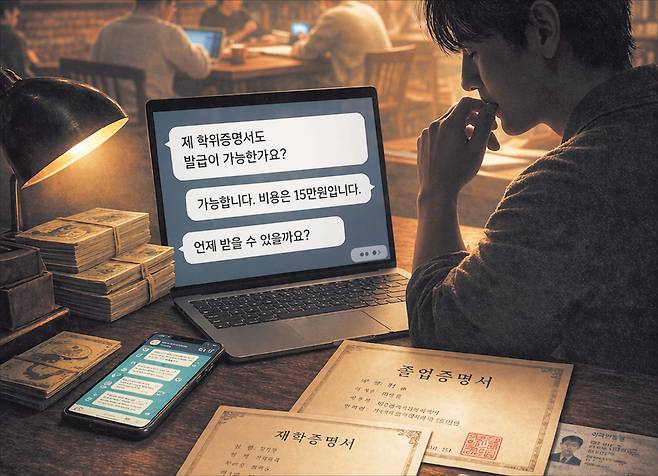 위조 졸업증명서가 거래되는 모습. [챗 GPT를 이용해 제작]