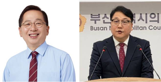 부산 중구청장 공천 과정에서 맞고소전에 나선 조승환 국민의힘 국회의원(왼쪽)과 윤종서 전 부산 중구청장. 조승환 의원 측, 부산시의회 제공