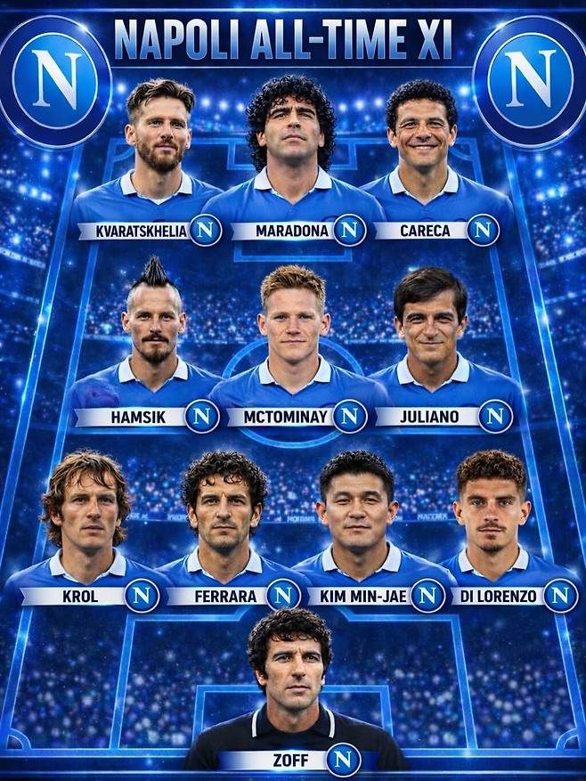 이탈리아 아레아 아주라가 선정한 SSC 나폴리 올타임 베스트11. /사진=아레아 아주라 SNS 캡처
