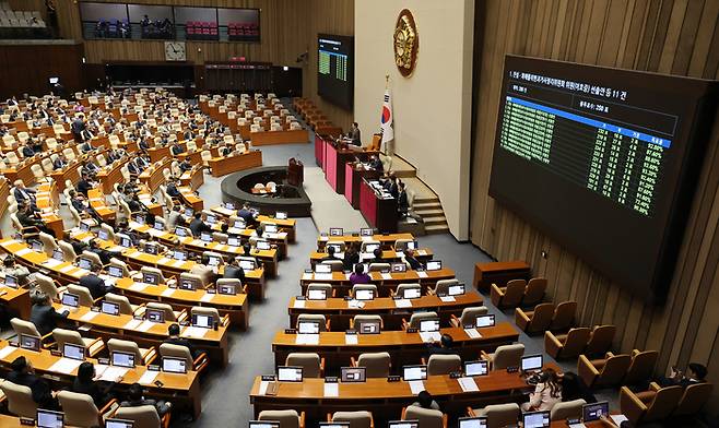 23일 국회에서 열린 4월 임시국회 제7차 본회의에서 진실·화해를위한과거사정리위원회 위원 선출안 등 11건이 통과되고 있다. 연합뉴스