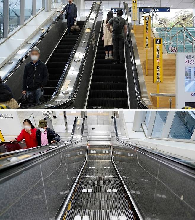 지난 2024년 에스알(SR)이 SRT 수서역 에스컬레이터 디딤판에 두 줄 이용 유도 발자국 표시를 한 데 이어 SRT 동탄역에도 작업을 완료해 올바른 승강기 이용문화 확산에 나선 모습. /사진=에스알 제공