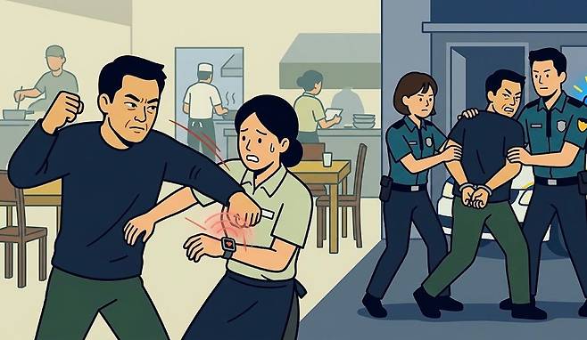 인천 남동경찰서는 지난 22일 아내의 직장을 두 차례 찾아가 아내를 때리고 도주한 A씨를 현행범 체포했다. 사진은 폭행과 경찰 검거 모습을 묘사해 제작한 AI 이미지. 사진 제미나이