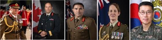 24일 경기 가평 영연방 참전기념비에서 열리는 ‘가평전투 75주년 기념식’에 참석하는 영연방 4개국 육군참모총장과 한국 육군총장. 왼쪽부터 찰스 롤랜드 워커 영국 육군총장, 마이클 라이트 캐나다 육군총장, 앤드류 스튜어트 호주 육군총장, 로즈 킹 뉴질랜드 육군총장, 김규하 육군총장. 국가보훈부 제공