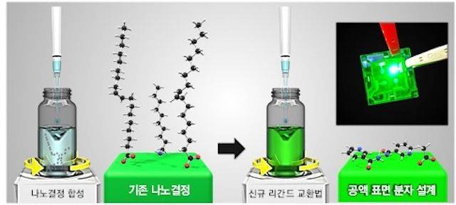 [서울=뉴시스] 페로브스카이트 나노결정 표면을 제어하는 과정을 나타낸 모식도. (사진=한양대 제공) 2026.04.23. photo@newsis.com *재판매 및 DB 금지
