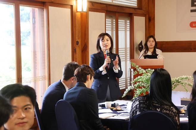 국민의힘 김소희 의원이 보수기후환경네트워크 발족식에서 발언하고 있다.