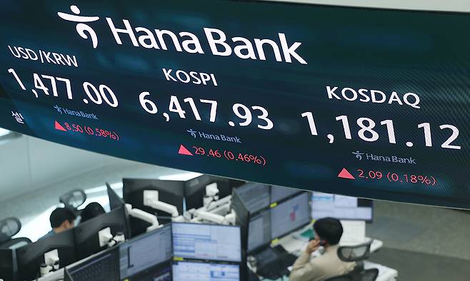 22일 서울 중구 하나은행 본점 딜링룸 현황판에 원/달러 환율, 코스피, 코스닥 지수가 표시돼 있다. 연합뉴스