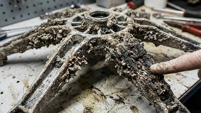 어떤 화학 세제도 뚫지 못한 채 수년간 퇴적된 이 오염 덩어리는 세탁기가 회전할 때마다 가루가 되어 옷감으로 스며든다. 게티이미지뱅크