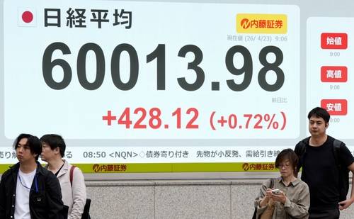 日닛케이지수 사상 처음으로 장중 60,000선 넘어   (교도=연합뉴스) 23일 오전 닛케이225 평균주가(닛케이지수)가 사상 처음으로 장중 60,000선을 돌파했다. 2026.4.23. evan@yna.co.kr