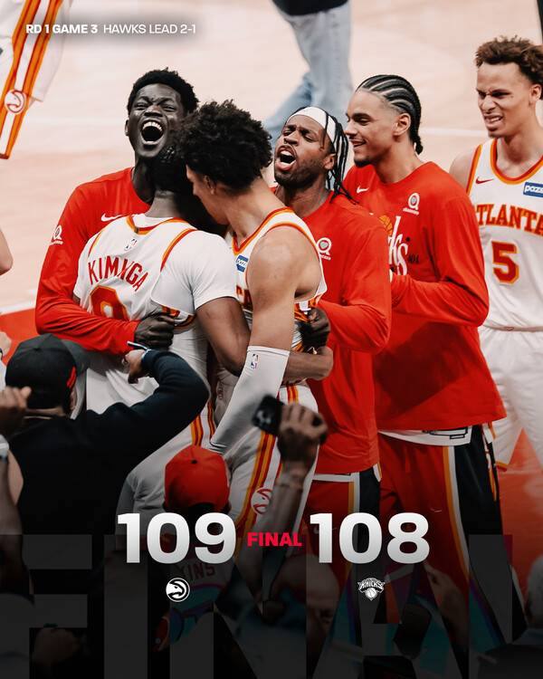 극적인 승리를 챙긴 애틀랜타(사진=애틀랜타 호크스 SNS)