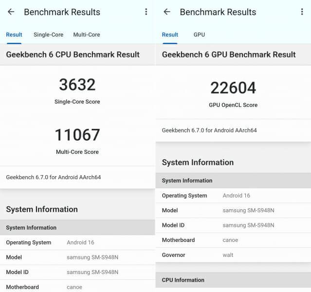 갤럭시S26 울트라 모델의 긱벤치6 CPU 및 GPU 테스트 결과(사진=지디넷코리아)