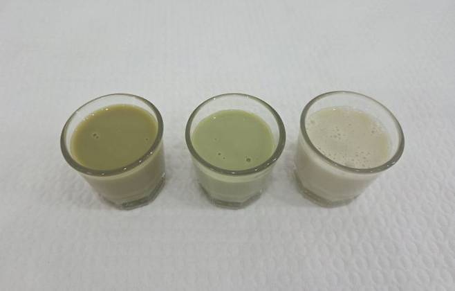 최근 출시된 빙그레 '왕실말차'(왼쪽부터), 롯데웰푸드 '파스퇴르 제주말차라떼', hy '헬리코박터 프로젝트 윌 제주말차' 내용물. 정현진 기자