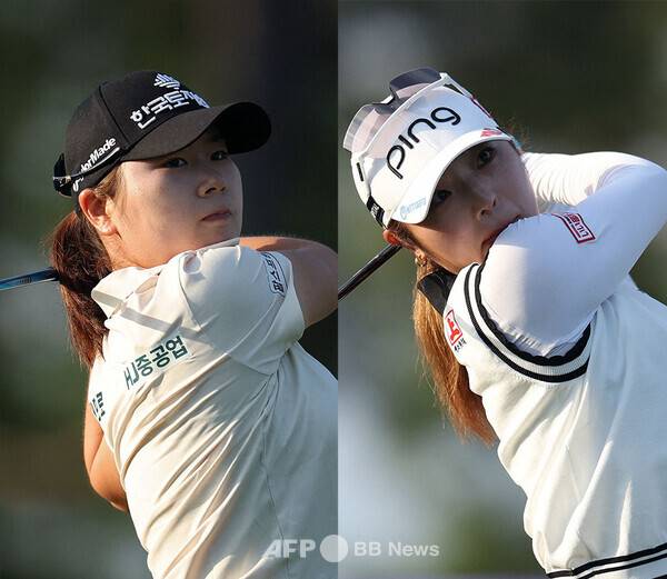 2026년 미국여자프로골프(LPGA) 투어 2026시즌 첫 메이저 대회 셰브론 챔피언십에 출전하는 KLPGA 멤버 홍정민 프로, JLPGA 투어 멤버 사쿠마 슈리(일본)가 1라운드에서 경기하는 모습이다. 사진제공=ⓒAFPBBNews = News1 (사진을 무단으로 사용하지 마십시오.)