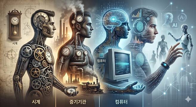 시계와 증기기관, 컴퓨터와 AI는 단지 생활을 편하게 만든 발명품이 아니었다. 그것들은 각 시대가 인간을 이해하는 하나의 틀이었다. 생성형 인공지능 제미나이가 이 글의 내용을 묘사한 그림.
