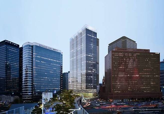 서울 남대문로5가 메트로타워·서울로타워를 재개발해 조성하는 복합업무시설 '이오타 서울2' (가운데) 예상도. 한경DB