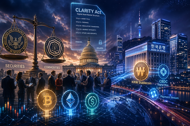 미국의 디지털자산 규제 지연 속 한국은 원화 스테이블코인과 CBDC로 정책 주도권 경쟁에 나서는 모습 < 생성 : 챗GPT >