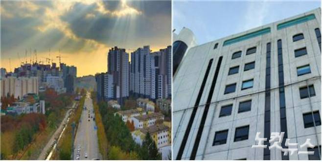 과천시 원도심 전경과 신천지 예배시설이 위치한 상가건물 모습. 박창주 기자