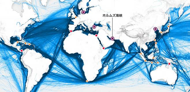 보라색= 대체 항로 없음. 빨간색= 대체 항로는 있지만 장거리, 노란색= 대체 항로 있음.(출처 닛케이)