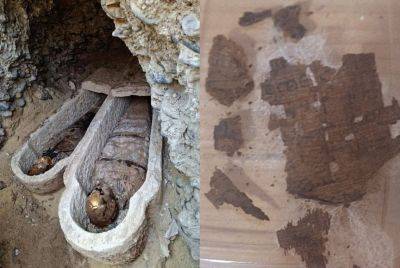 이집트의 한 묘지에서 발견된 미라 두 구(왼쪽)와 미라의 몸에서 나온 ‘일리아스’ 사본. 이집트 관광유적부이그나시 자비에르 아디에고 교수