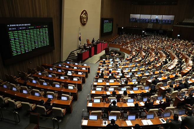 2021년 1월 8일 국회 본회의에서 중대재해처벌 등에 관한 법률안이 가결되고 있다. /조선일보DB