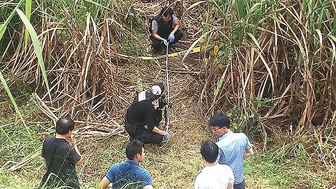2016년 10월 11일, 필리핀 북부 한 사탕수수밭에서 박왕열에게 살해된 피해자 3명의 시신이 발견됐다. 필리핀 코리안데스크 이지훈 경감(왼쪽 둘째)이 현장 감식에 참여해 사건 현장을 살피고 있다. [사진 이지훈 경감·중앙포토]
