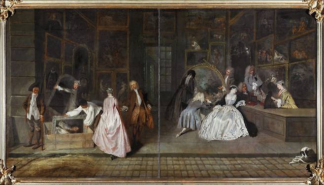 제르생의 간판(L'Enseigne de Gersaint). 바토의 마지막 그림. 죽기 약 1년 전, 친구 제르생의 가게 간판을 자청해서 8일 만에 완성했다. 왼쪽에서 루이 14세의 초상화가 상자에 담겨 치워지고 있고, 오른쪽에서 귀족 남녀가 새 그림을 구경하고 있다. 태양왕의 시대가 끝나고 미술이 소비의 대상으로 변하는 순간을 담았다. /베를린 샤를로텐부르크궁