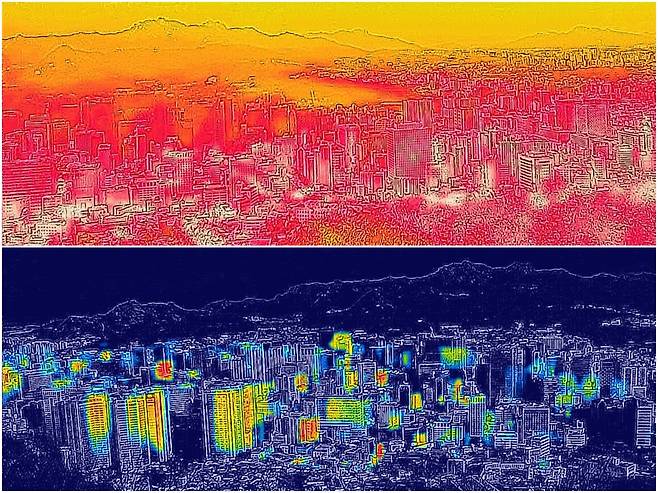 사진은 폭염이 지속되던 지난해 7월 9일 남산에서 바라본 시내를 열화상카메라로 촬영한 모습(위). 아래 사진은 한파가 이어지고 있는 28일 동일한 조건에서 촬영한 모습. 온도가 높을수록 붉은색, 낮을수록 푸른색으로 표시된다.[연합]
