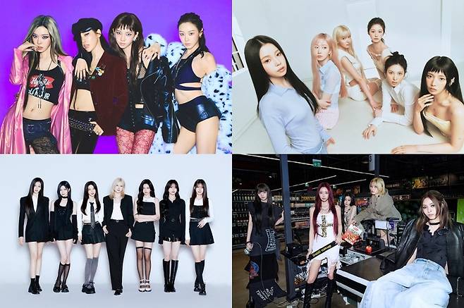 에스파(aespa), 아일릿(ILLIT), 있지(ITZY), 엔믹스(NMIXX), 베이미몬스터(BABYMONSTER)까지, K-POP을 대표하는 걸그룹들이 5월 대거 컴백을 예고했다/(왼쪽 상단부터 시계방향)에스파, 엔믹스, 베이비몬스터, 있지/사진제공=SM,JYP,YG