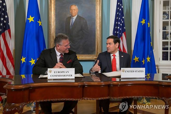 미 국무장관과 EU 통상경제안보 집행위원 회동 [AP 연합뉴스. 재판매 및 DB 금지]