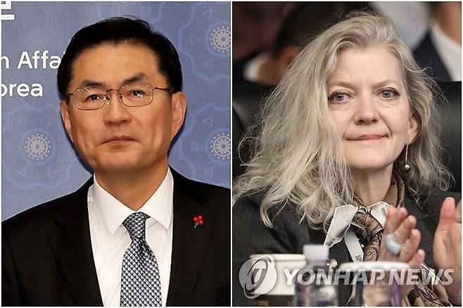 정연두 외교부 외교전략정보본부장(왼쪽)과 앨리슨 후커 미 국무부 정무차관 [타스=연합뉴스·연합뉴스 자료사진. 재판매 및 DB 금지]