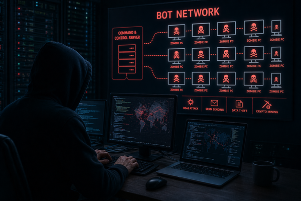 악성코드에 감염된 '좀비PC'를 네트워크로 묶은&nbsp;'봇넷'으로 공격을 수행하는 해커를 표현한 이미지 / 챗GPT 생성