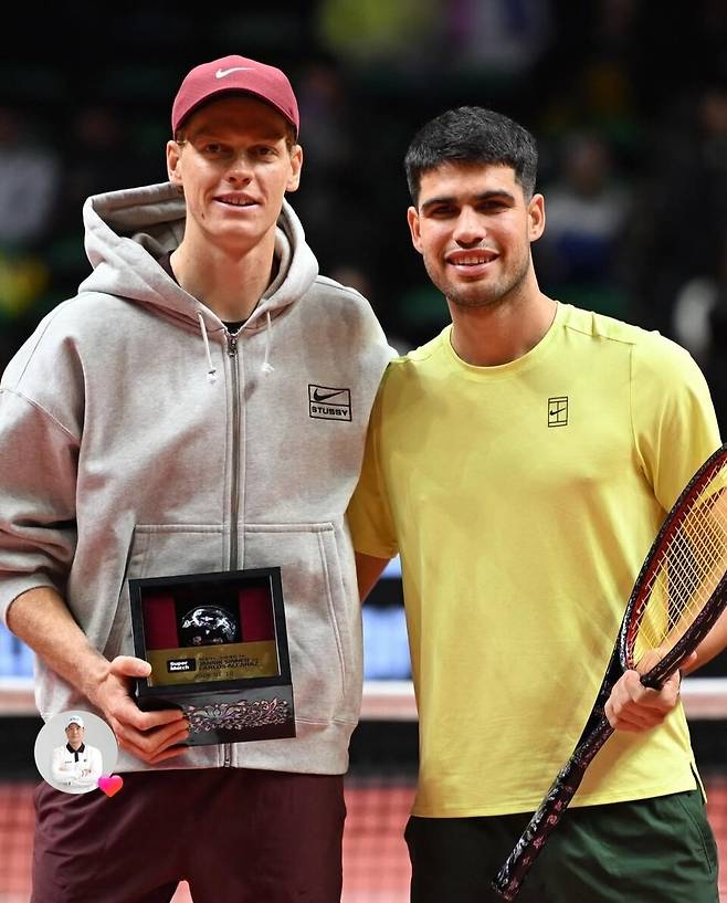 지난 1월10일 대한민국에서 특별 이벤트 맞대결을 펼쳤을 때의 야닉 시너와 카를로스 알카라스. 현대카드 제공