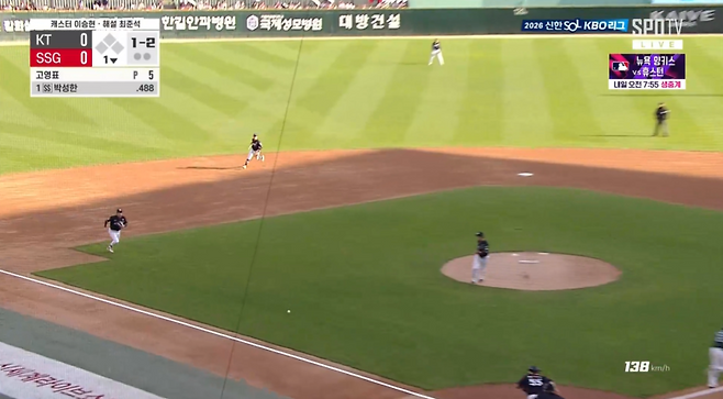25일 인천 KT전 1회 나온 박성한의 빗맞은 타구. 3루수 오윤석이 앞으로 뛰어들어와 1루에 송구했으나 판정은 세이프. 공식 기록은 내야 안타가 아닌 3루수 실책으로 남았다. SPOTV, 티빙 캡처