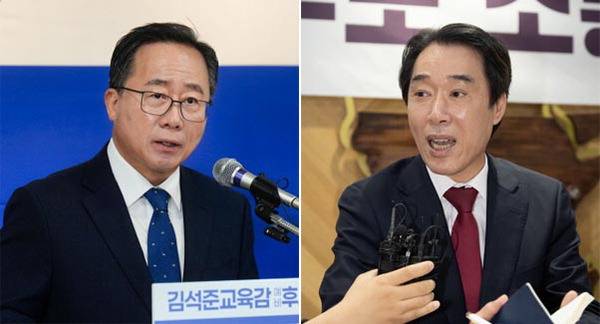 김석준 부산시교육감이 지난 23일 부산시선관위에 예비후보 등록을 마친 뒤 선거 캠프에서 부산교육감 선거 출마를 선언하고 있다. 오른쪽 사진은 최윤홍 전 부산시교육청 부교육감이 지난 20일 부산 북구 한 카페에서 열린 ‘부산 북구 학부모 소통간담회’에서 발언하는 모습. 김석준 후보 제공·국제신문 DB