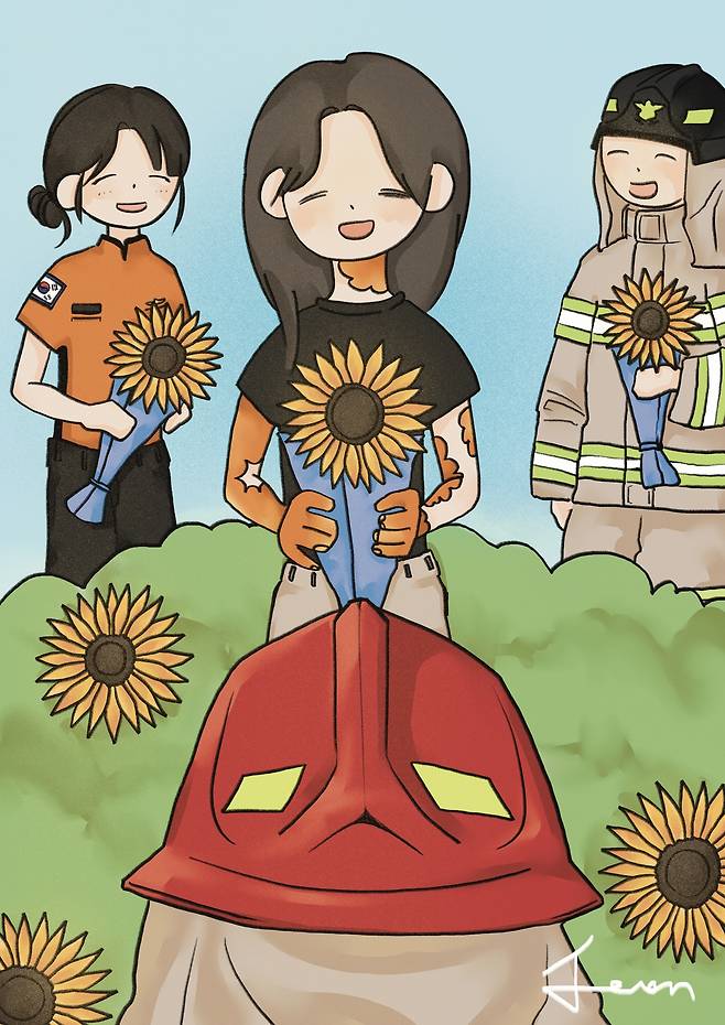 전나영 씨가 직접 제작해 서울시 소방재난본부에 전달한 일러스트레이션. 가운데 여성인 전씨가 소방관에게 희망의 꽃 해바라기를 전달하는 모습이다. [전나영 씨 제공]