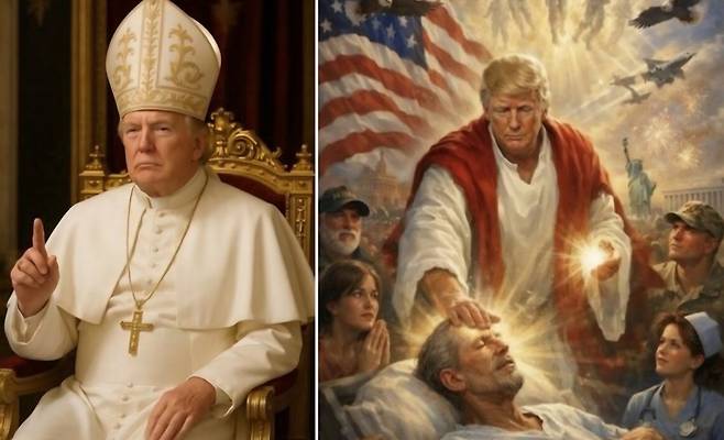 도널드 트럼프 미국 대통령이 자신의 소셜미디어 트루스소셜에 올린 사진. 왼쪽은 교황 복장을 한 AI 이미지. 오른쪽은 예수를 연상시키는 AI이미지. [트럼프 트루스소셜 캡처]