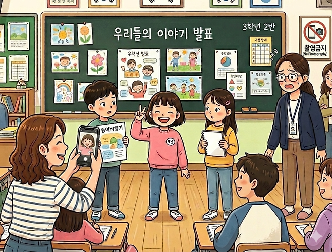 초등학교 공개수업 도중 한 학부모가 조별 발표를 하는 자신의 자녀를 촬영해 교사와 다른 학생들이 당황하는 모습을 생성형 인공지능(AI) 제미나이가 그린 그림.
