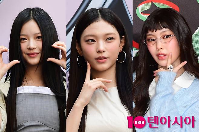 그룹 뉴진스가 해외에서 녹음 작업을 진행했다는 정황이 포착되면서 복귀 가능성이 거론되고 있다.
그룹 뉴진스 하니, 해린, 혜인/사진=텐아시아 사진 DB