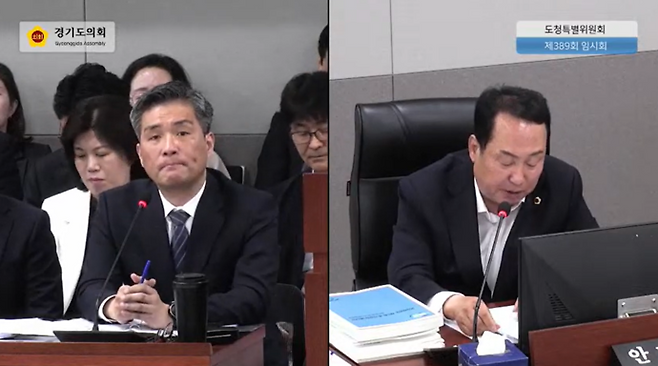 27일 진행된 경기도의회 제389회 임시회 경기도청 예산결산특별위원회 1차 추경안 심의에서 안계일 경기도의원(성남7·오른쪽)이 정두석 경기도 기획조정실장에게 질의하고 있다. 사진=경기도의회 인터넷방송 캡처