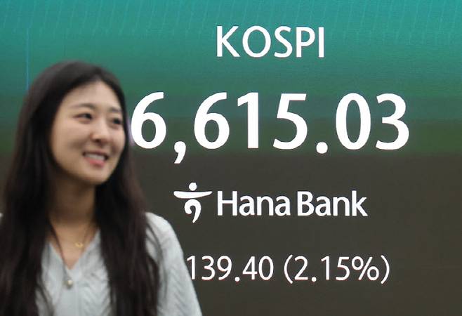 코스피가 사상 처음으로 6600선을 돌파한 27일 서울 중구 하나은행 딜링룸 현황판에 코스피 종가가 표시돼 있다. (사진=연합뉴스)