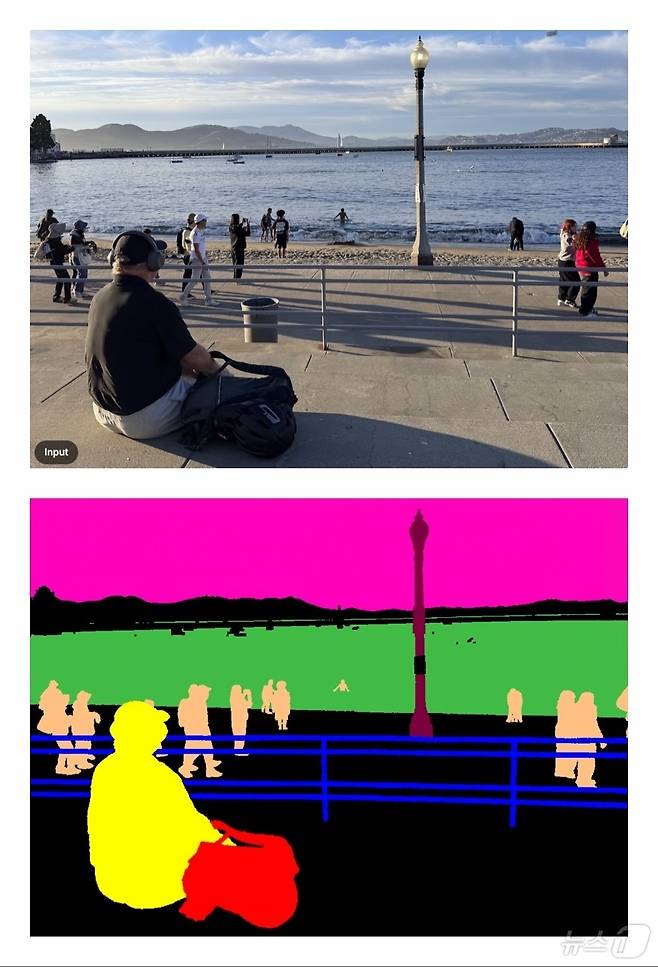 원본 이미지(상)를 '비전 바나나'에 입력한 후 객체별로 색깔을 지정해 구분해달라고 요청하면 아래처럼 RGB 이미지로 출력해 준다. (구글 딥마인드 기술 보고서 갈무리)