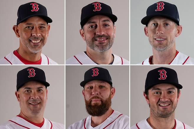FILE - This combo of 2026 file photos shows, from top row left, Boston Red Sox manager Alex Cora, hitting coach Peter Fatse, third-base coach Kyle Hudson, bottom row from left, bench coach Ramon Vazquez, assistant hitting coach Dillon Lawson, and hitting strategy coach Joe Cronin. (AP Photo/Gerald Herbert, File) COMBO OF 2026 FILE PHOTOS







<저작권자(c) 연합뉴스, 무단 전재-재배포, AI 학습 및 활용 금지>