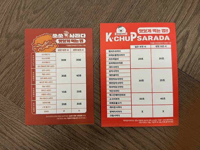 쏘쏘사라다(왼쪽)과 케이찹사라다의 '맛있게 먹는 법' 안내표.