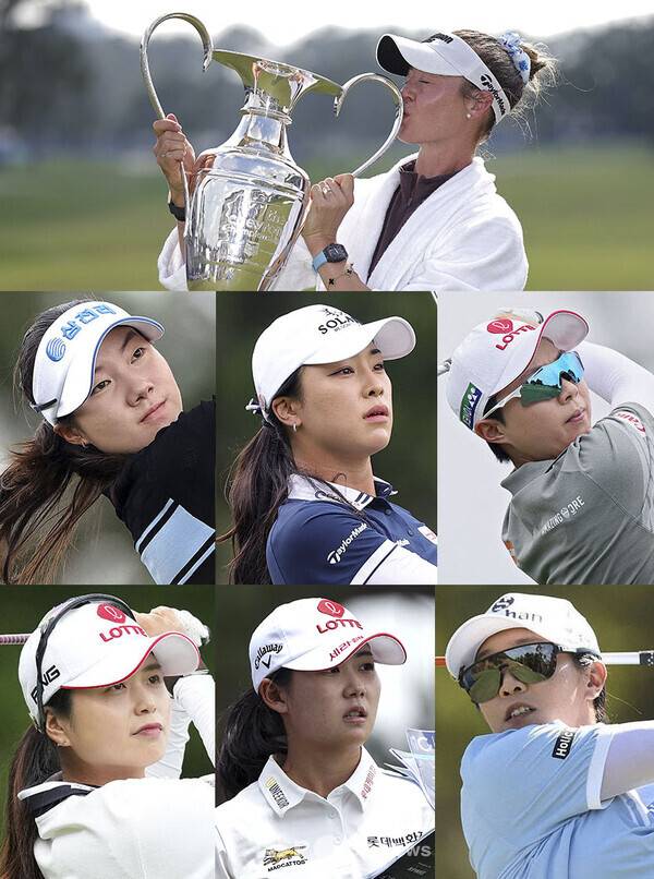 2026년 미국여자프로골프(LPGA) 투어 메이저 골프대회 셰브론 챔피언십 우승을 차지한 넬리 코다(미국), 그리고 함께 경쟁한 양윤서, 윤이나, 김효주, 최혜진, 황유민, 임진희. 사진제공=ⓒAFPBBNews = News1 (사진을 무단으로 사용하지 마십시오.)