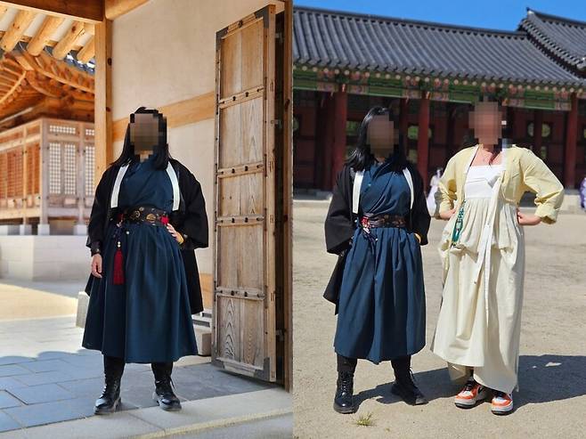 안아무개(30·왼쪽)씨와 일행이 한복을 입고 경복궁을 방문한 사진. 당시 두 사람 복장 모두 ‘경복궁 한복무료관람 가이드라인’에 해당하지 않아 입장료를 지불했다. 안씨 제공