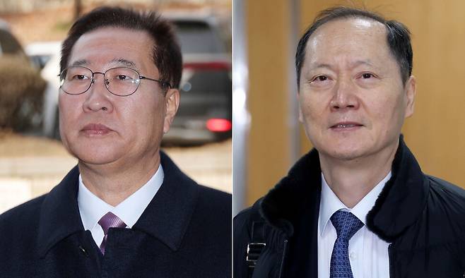 내란 중요임무 종사 및 직권남용 혐의 등으로 기소된 박성재 전 법무부 장관(왼쪽)과 국회증언감정법 위반 혐의로 기소된 이완규 전 법제처장이 지난 1월26일 오후 서울 서초구 서울중앙지법에서 열린 첫 공판에 출석하고 있다. 류우종 선임기자wjryu@hani.co.kr, 공동취재사진