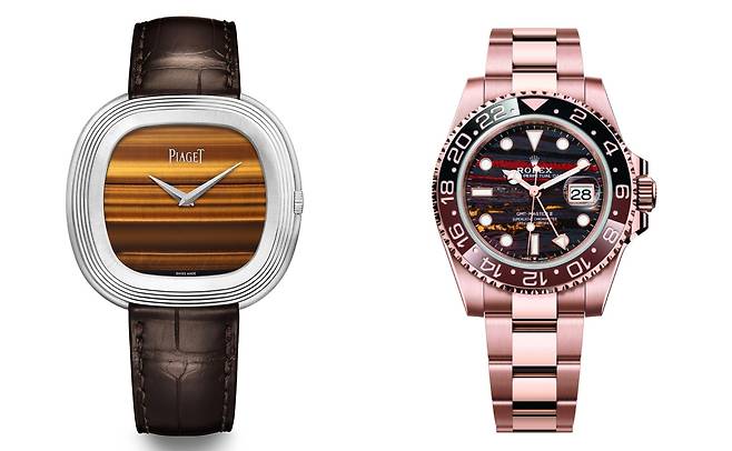 타이거아이의 강렬한 패턴이 특징인 피아제 '앤디 워홀' 워치(왼쪽)와 타이거아이와 레드 재스퍼, 실버 헤마타이트를 결합한 ‘타이거 아이언’ 다이얼을 탑재해 강인한 인상을 주는 롤렉스 'GMT-마스터 II'. 사진 각 브랜드