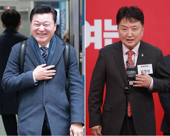 국민의힘이 27일 6·3 지방선거 충북지사 후보로 현역인 김영환 지사(오른쪽)를 확정함에 따라 이미 본선거 진출을 확정 지은 더불어민주당 후보인 신용한 대통령 직속 지방시대위원회 부위원장과 맞붙게 됐다. 연합뉴스