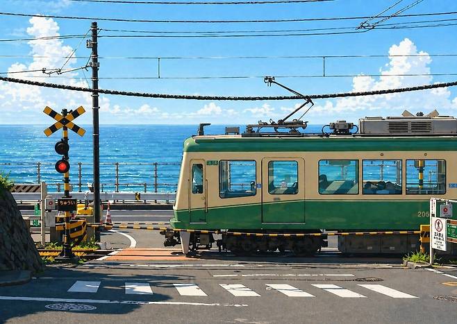 인기 만화 '슬램덩크'의 배경지로 알려진 일본 가나가와현 가마쿠라시의 가마쿠라 고코마에(고교앞)역 건널목. 기사의 이해를 돕기 위해 실제 장소를 생성형 인공지능(AI)으로 재현한 이미지입니다.