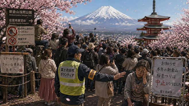 후지산 사진 명소의 관광 인파를 AI가 이미지로 그렸다. [챗GPT]