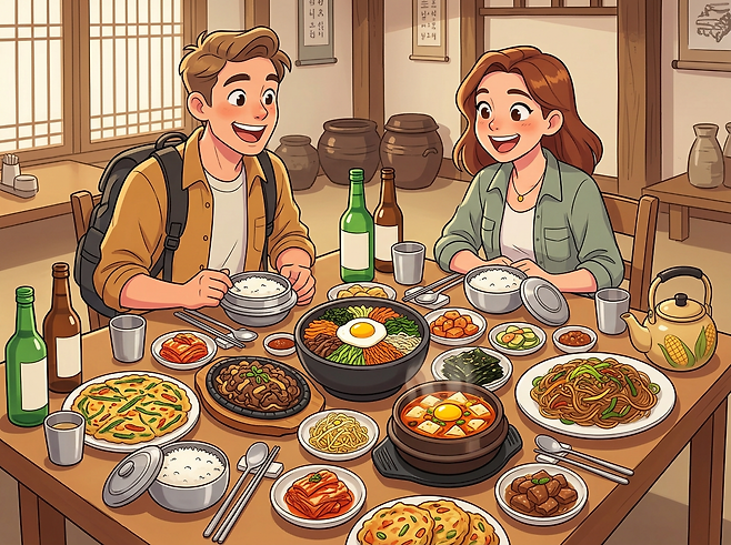 한식을 먹는 외국인 이미지 (챗gpt 생성)